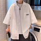 安初夏华夫格短袖t恤男士休闲套装夏季港风痞帅气衣服男装穿搭配三件套 米白外衣+棉白短T+黑灰裤 XL