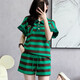 Yaoni dress new 2025 summer high-end fashion casual temperament polo collar knitted striped short-sleeved A-line skirt 9923 green and black suit L