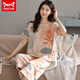 Catman Miiow 2023 New Pure Cotton Pyjamas für Frauen im Sommer kurzärmelig dünn gestreiftes Freizeitkleidungsanzug Zitronengelb A9885 L (100-120jin [Jin ist 0,5 kg])
