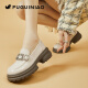 Zapatos de cuero genuino de cuero fugui pájaro gruesas mocasines gruesas para mujeres 2024 nuevos zapatos solteros con la esponja de punta redonda para mujeres zapatos de cuero pequeño fn0235/1049 negro 35