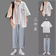 安初夏华夫格短袖t恤男士休闲套装夏季港风痞帅气衣服男装穿搭配三件套 米白外衣+棉白短T+黑灰裤 XL