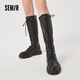 Semir official authentic fashion boots women's boots spring and autumn new fashion casual high-top lace-up motorcycle boots long boots for women black 37