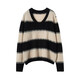 Pash Cashmere Sweater Women's 100% Cashmere Autumn and Winter V-neck Single Yarn Loose Striped Knitted Sweater TY-3134 Green Velvet + Black One Size