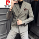 皮尔卡丹（pierre cardin）双排扣西装男套装修身休闲韩版英伦感正装男士结婚大码西服潮 9905黑色【西服+西裤】领带 5XL