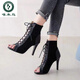 Woodpecker European and American tied fish-mouthed sandals for women spring and summer thin heel hollow short boots Jazz dance high heels women open toe sandals for women black 7 cm 37