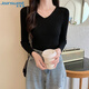 Jeanswest Knitwear Women's 2025 Autumn Slim V-neck Long Sleeve Bottoming Knitwear Inner Top Women's Black One Size