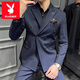 
Playboy (PLAYBOY) Customized Double Breasted Striped Suit Set Men's Groom Wedding Suit Business Casual Slim Suit Men X Navy Suit + Shirt + Trousers XL Size (Brobe + Brooch + Pocket Scarf)