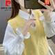 皮尔卡丹（pierre cardin）麻花马甲背心女春秋外搭2025年新款宽松v领针织毛衣马夹无袖上衣 1047杏色 L 【建议111斤-120斤】