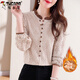 Woodpecker Stand Collar Lace Plus Velvet Thickened Bottoming Shirt Women 20204 Autumn and Winter New Style Age Reducing Top Shirt Cotton Thick Khaki L Recommended 110-119 Jin Jin equals 0.5 kg