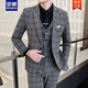 ROMON Men's Suit Korean Style Plaid Groom Wedding Dress Casual Business Formal Fit Suit Three-piece Spring Gray Suit + Vest + Pants Tie XL