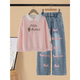Youyou 1 point girls internet celebrity spring and autumn style fried street suit children's new spring clothes big children's sweatshirt jeans fashionable 4882 white 13042 blue [spring and autumn style] 160cm (recommended 75-90 Jin [Jin equals 0.5 kg])