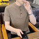 吉普（JEEP）棉麻短袖t恤男夏季中国风高端简约小立领体恤夏天亨利衫半袖上衣 灰色 3XL 160-175斤