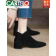 卡帝乐鳄鱼（CARTELO）高档鞋V口尖头粗跟裸靴磨砂真软皮短靴低跟加绒马丁靴秋冬女鞋 升级版黑色 37