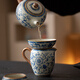 Xi Yuanji Blue and White Ru Kiln Tea Strainer Integrated Tea Strainer Tea Making Artifact Tea Separator with Full Flower Painting Gold Enamel Flower Beige Ru Kiln Round Tea Strainer Set + Male Cup