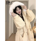 Aizhuer women's winter Korean mid-length fur collar coat, loose thickened warm cotton jacket, trendy goose yellow M (recommended 105-120 Jin Jin equals 0.5 kg)