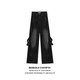 Kefeiwo American High Street Vibe Retro Heavy Industry Old Wäschel Jeans Deconstruction Spleißdesign Gerade Weitbeinhose CLH-T1695 Blau (mit Gürtel) L (empfohlenes Gewicht 110-125 Jin [Jin gleich 0,5 kg]))