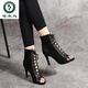 Woodpecker European and American tied fish-mouthed sandals for women spring and summer thin heel hollow short boots Jazz dance high heels women open toe sandals for women black 7 cm 37