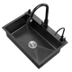 Jiumuwang thickened 304 stainless steel sink large single-slot wash basin home kitchen sink three-hole black nano three-hole basin black 65*45 pull-out faucet package