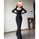 Pingyu Bubu Shenglian square neck long-sleeved fishtail arm-wrapped dress for women, autumn temperament, slim waist, slimming and sexy long skirt, black 2XL