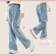 Domeowu Girls' Denim Flare Pants 25 New Autumn and Winter Children's Pants Medium and Large Children's Stretch Pants Bow Mid Blue 140