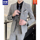 ROMON Men's Suit Korean Style Plaid Groom Wedding Dress Casual Business Formal Fit Suit Three-piece Spring Gray Suit + Vest + Pants Tie XL