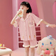 曼妮朵女童睡衣夏季纯棉小女孩新款儿童家居服宝宝开衫短袖短裤套装薄款 B4877绿【双短】 100cm 8码建议100-105cm
