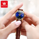 
OLEVS Swiss certified brand watch women's fully automatic mechanical watch calendar luminous waterproof high-end quartz watch [Mechanical watch] Brown leather gold blue surface-6629