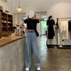 Leo Internet celebrity high-waist Korean style elastic waist jeans for female students loose and slim and versatile wide-leg floor pants 7029 picture color s recommended 85-100Jin [Jin equals 0.5 kg]