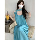 Quchen beach skirt skirt dress vacation style dress seaside dress suspender dress blue dress beach dress (lake blue) M (85-100Jin [Jin equals 0.5 kg])