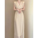 EINDKAD French long skirt texture and embellishment style high-end exquisite apricot waist-hugging sleeveless dress for women summer apricot dress M
