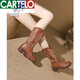 CARTELO leather western cowboy boots for women 2023 new embroidered knight boots mid-tube Martin boots thick high heel boots brown single 37