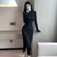 忆静萱（YIJINGXUAN）纯欲辣妹女人味显胸大显身材圆领连衣裙长袖高开叉包臀长裙子夜店 主图款 M 95-105斤