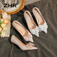 
ZHR Chinese Valentine's High Heels Women's French Crystal Wedding Shoes Women's Thin Heels Pointed Bow Single Shoes Women's BQ122 Silver 37