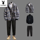 Playboy Jacket Men's Jacket Autumn and Winter Thickened Casual Suit Korean Style Men's Clothing Set with Handsome Cotton Clothes Trend Blue Jacket + Black Sweater + Pants Thickened L Recommended 100-115 Jin Jin equals 0.5 kg