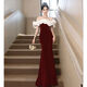 婍妡black evening dress 2025 new style French one-shoulder high-end light luxury temperament slimming celebrity host fishtail red S