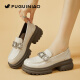 Zapatos de cuero genuino de cuero fugui pájaro gruesas mocasines gruesas para mujeres 2024 nuevos zapatos solteros con la esponja de punta redonda para mujeres zapatos de cuero pequeño fn0235/1049 negro 35