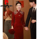 Pierre Cardin Official Burgundy Cheongsam Toast Wear Bride Wedding Chinese New Engagement Dress Back Door Dress Autumn Long Sleeve Burgundy Long Sleeve L