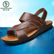 啄木鸟真皮凉鞋男夏季两用防滑大码外穿软底沙滩鞋高级中老年爸爸凉拖鞋 12129 棕色 37