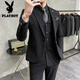 花花公子（PLAYBOY）西服男士套装潮流韩版修身英伦新郎结婚礼服商务职业正装休闲西装 深灰色纹理9905【西服+西裤+马甲 S 4690斤穿
