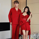 Modal couple pajamas new long-sleeved ice silk red wedding newlyweds high-end men's and women's home wear suits MDE306+MDE168 # Sexy Black L Female + L Male