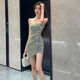 Tang Siwei 2025 new sexy pure hot girl irregular suspender strapless versatile dress for women with shiny birthday dress champagne color dress L 105-115Jin [Jin equals 0.5 kg]