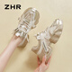 ZHR dad shoes for women with lightweight thick sole heightened casual shoes versatile trendy round-toe women's shoes G677 gold 36