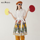 
Answer to the mystery retro printed dress 2024 summer new lapel strap waist-hugging mid-length skirt short sleeves 246ML7027 bright white L