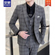 ROMON Men's Suit Korean Style Plaid Groom Wedding Dress Casual Business Formal Fit Suit Three-piece Spring Gray Suit + Vest + Pants Tie XL