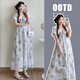Yibaiyi (Yibaiyi) Neues 2025 Sommerkleid romantische lässige Freizeit mit V-Ausschnitt Spitze Langer Rock Loous Mutterschaftsrock Blau XL130-150JIN [Jin ist gleich 0,5 kg]