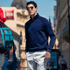 Mr. Bu Zipper Half-high Neck Windproof Sweater Spring and Autumn Simple Print Thickened Long Sleeve T-Shirt BT12163 Deep Sea Blue M (170)