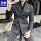 罗蒙（ROMON）高档正品戗驳领双排扣西服套装男新郎开会礼服胖子蓝色小西装 深灰三件套(西服+西裤+马甲+衬衫 L