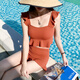 梵韬泳衣女2024两件式平角保守显瘦小胸聚拢温泉泳装 焦糖838# XL码【建议108-130斤】