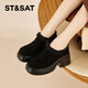 Saturday high-heeled plus velvet short boots for women, fashionable retro ankle boots, versatile thick heel, increased height, warm cotton shoes, black 37