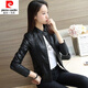 Pierre cardin 23 new leather jacket for women short spring and autumn new stand collar pu small leather jacket leather jacket slim fit slim jacket black XL recommended 105-115Jin [Jin equals 0.5 kg]

